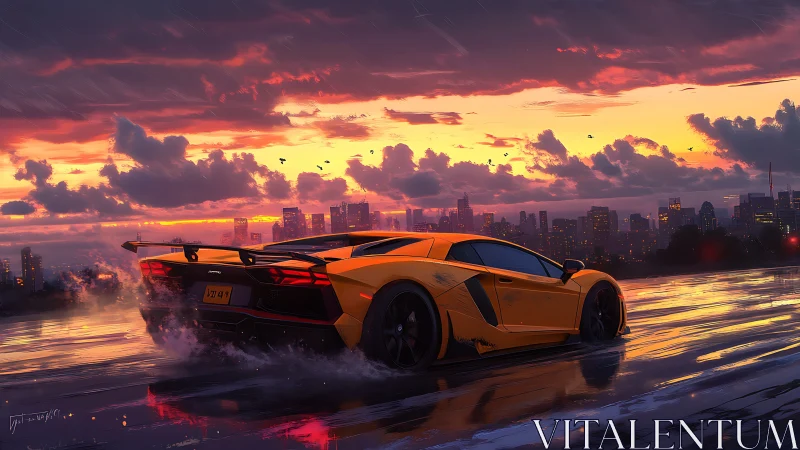 Yellow supercar powers through wet rooftop at neon sunset