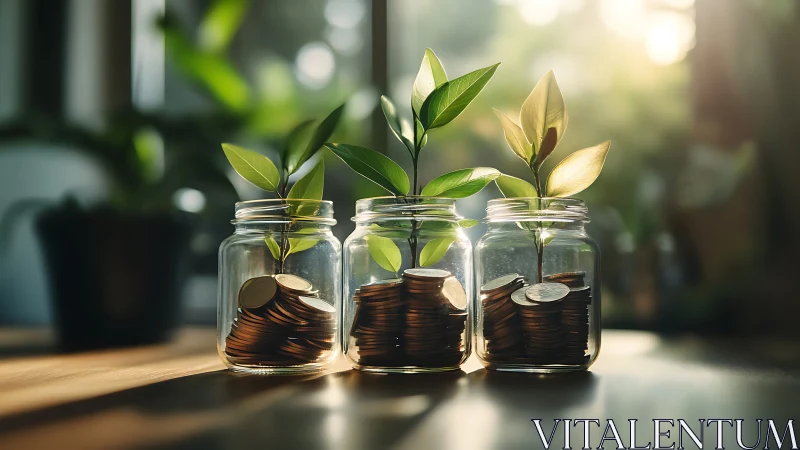 Sunlit coin jars sprouting hopeful green financial growth.