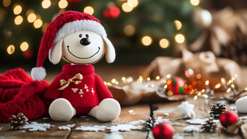Smiling Christmas dog toy rests amid warm festive lights.