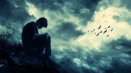 Solitary figure on cliff beneath stormlit, brooding sky.