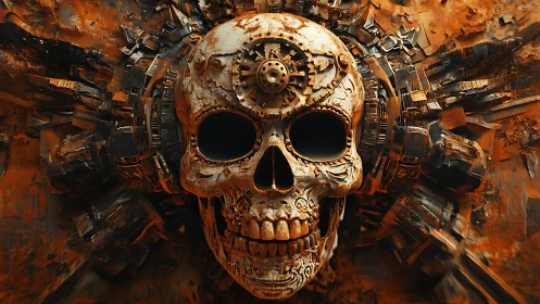 Mechanized skull relief integrates steampunk gears and corroded metal halo