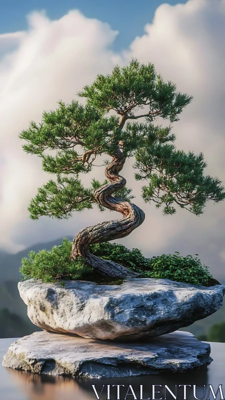 Twisted bonsai conifer is rendered on stacked stone platform