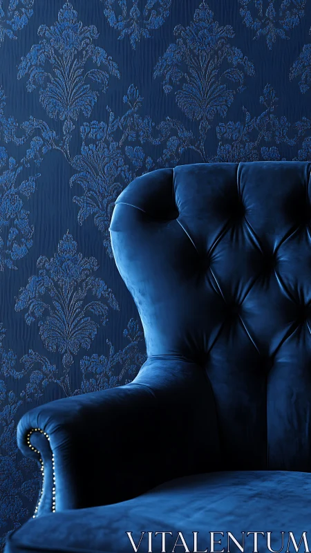 Midnight blue velvet armchair against damask wall.