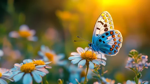 Blue butterfly rests on daisies in warm sunset glow.