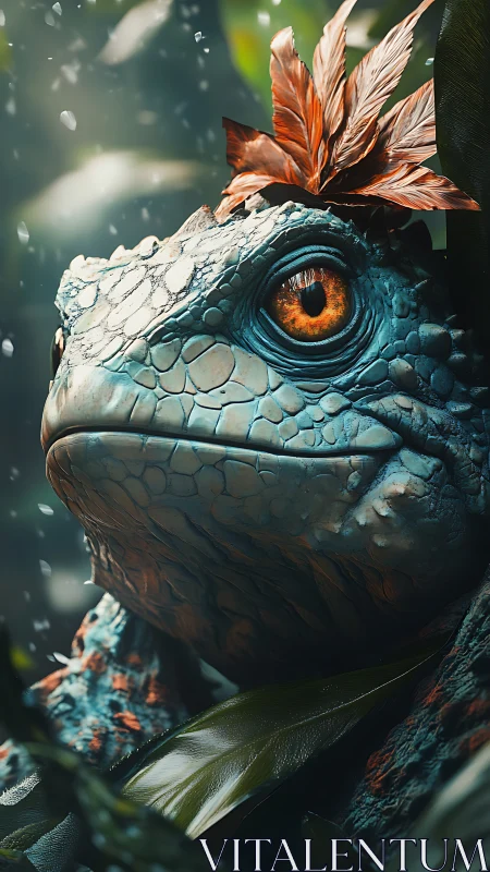 Majestic blue jungle toad with ember-hued crown feathers.