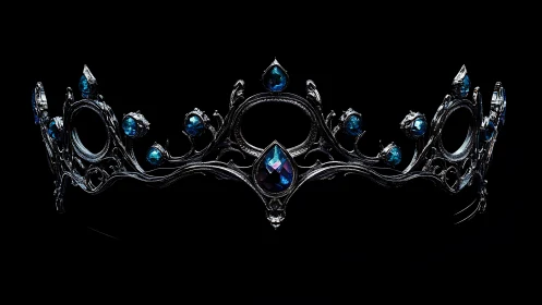 Ornate silver tiara holds deep blue gemstones on black background