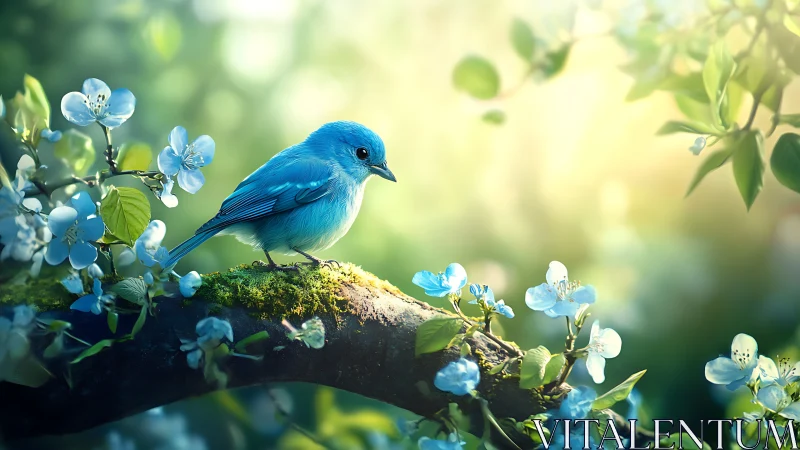 Blue songbird perched on mossy branch, springtime fantasy style.