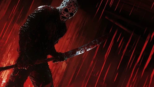 Digital horror slasher illustration with dynamic red motion fields.