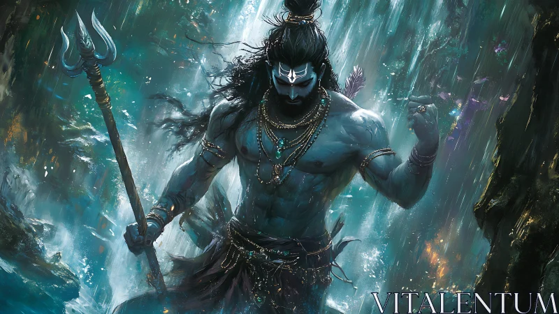 Stormforged blue deity strides through cosmic waterfall fury.