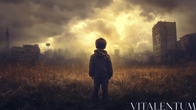 Child stands alone in ruined urban field under storm clouds