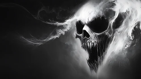 Ghostly smoke skull with jagged teeth in dark void.