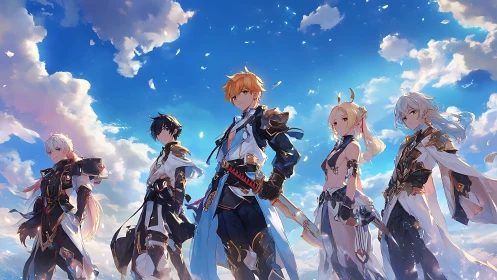 Five fantasy warriors standing under expansive cloudy sky.