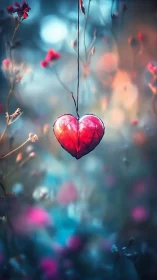 Crimson Heart Suspended Among Ethereal Botanical Forms and Luminescent Depth.