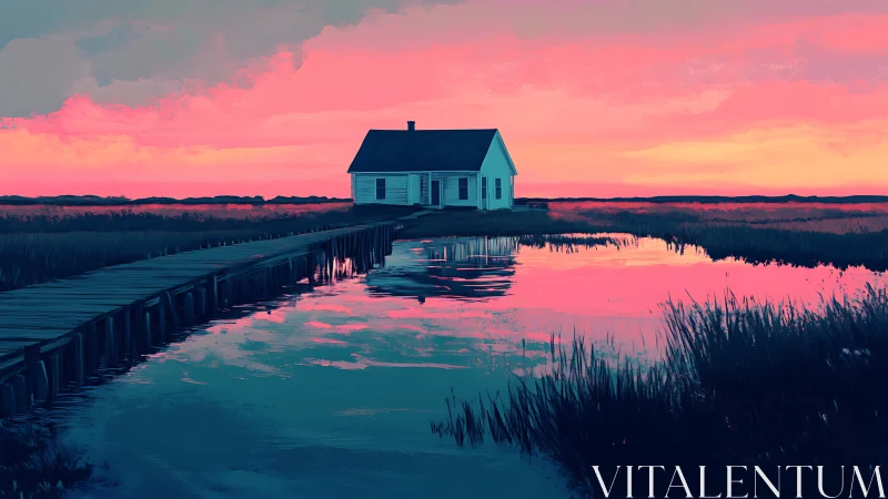 Isolated marsh cottage with boardwalk at saturated sunset