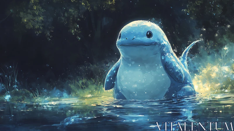 Moonlit marsh sprite glows in a dreamy, glittering forest pond.