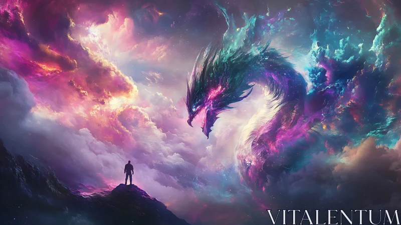 Man confronts colossal cosmic dragon in vivid nebula sky.
