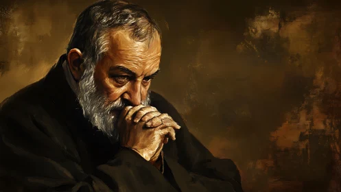 Elderly man in deep thought with hands clasped in prayer.