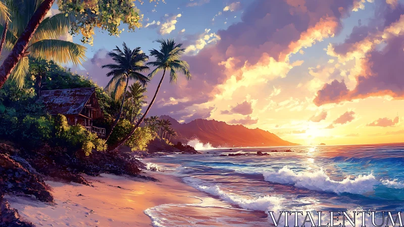 Tropical shoreline landscape with cabin and sunset sky.