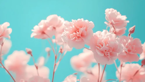 Macro pastel carnations against cyan defocused background