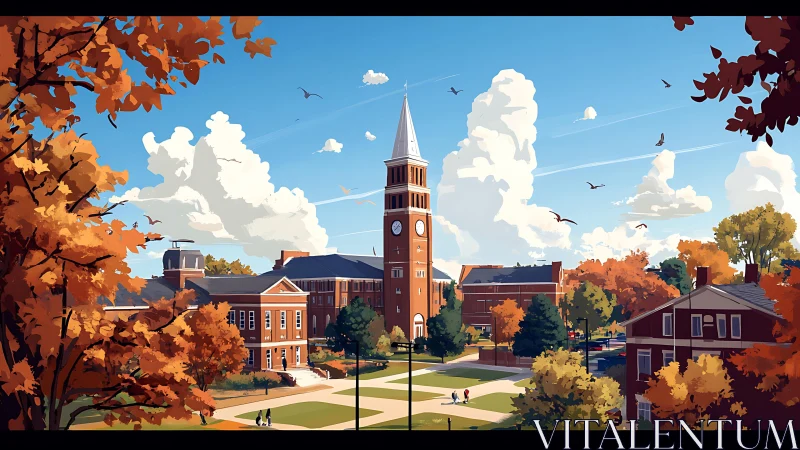 Autumn campus clock tower under crisp blue sky. Period.
