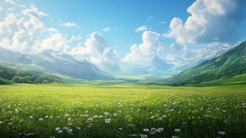 Mountain valley meadow under scattered cumulus clouds.