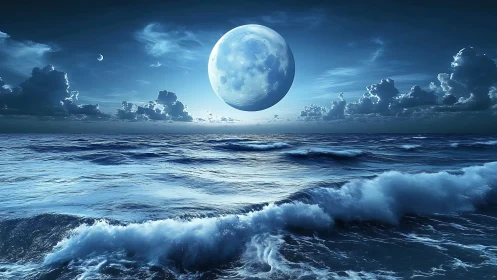 Moonlit tide drifting beneath a colossal floating moon.