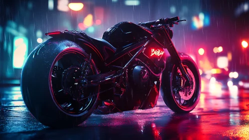 Neon storm racer idles in rainlit cyberpunk midnight streets.
