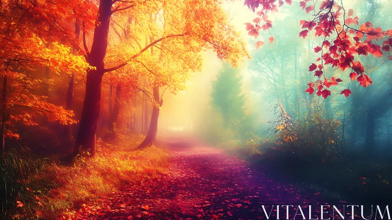 Chiaroscuro Deciduous Forest Path: Chromatic Gradient Atmospheric Phenomenon.