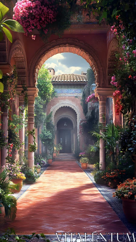 Sunlit Moorish courtyard arches with lush flowering garden