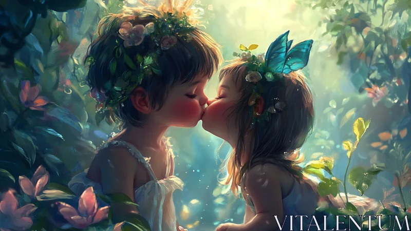 Two figures in botanical setting with winged elements.