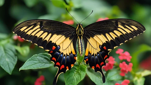 Macro study of swallowtail butterfly on verdant foliage.