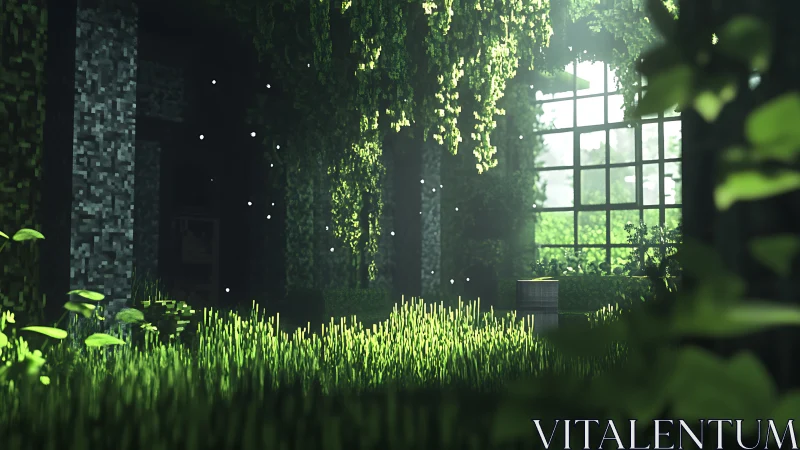 Overgrown interior with sunlight and digital foliage forms.