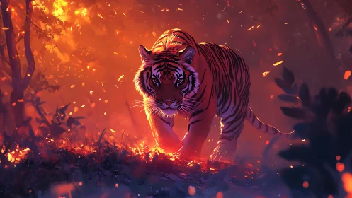 Ember-walk tiger strides through a glowing twilight forest.