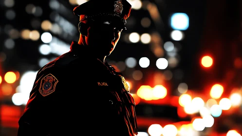 Silhouetted police officer on urban street at night.