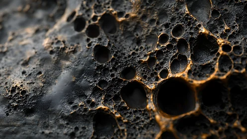 Porous dark surface displays irregular cavities under side light