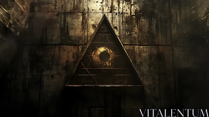 Weathered metallic triangle sigil on grunge stone wall.