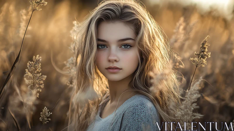 Golden hour portrait of young woman in soft meadow light.