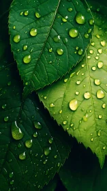 Macro botanical close-up of rain-drenched green foliage layers.