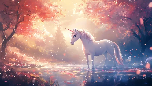 Luminous unicorn beside autumn forest pool at sunrise.