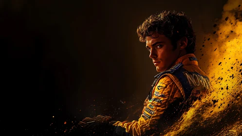 Racing driver portrait with dynamic orange particle trail.