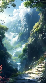 Mountain gorge shows layered waterfalls and stone path