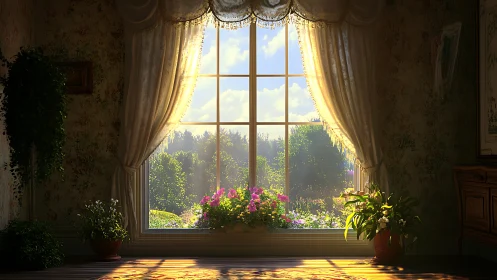 Morning light pours through a cozy flower filled country window