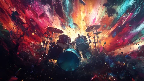 Exploding drum kit amid swirling cosmic color storm.