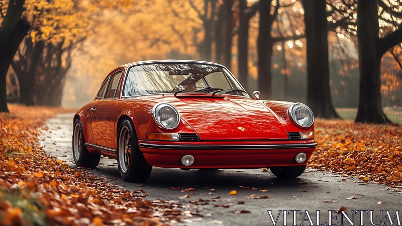 Classic red Porsche 911 coupe on autumn tree-lined roadway