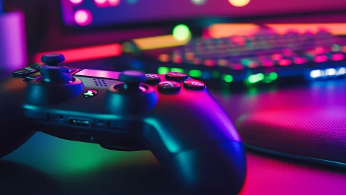 Game controller under neon RGB backlit desktop environment.