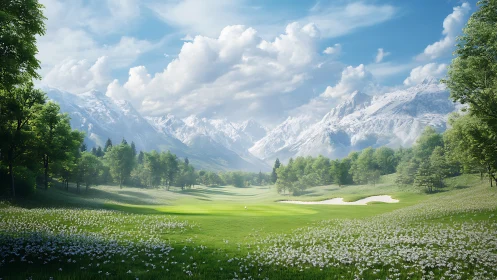 Mountain valley golf fairway with snow peaks and clouds.
