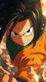 Anime warrior lunges forward through blazing battlefield