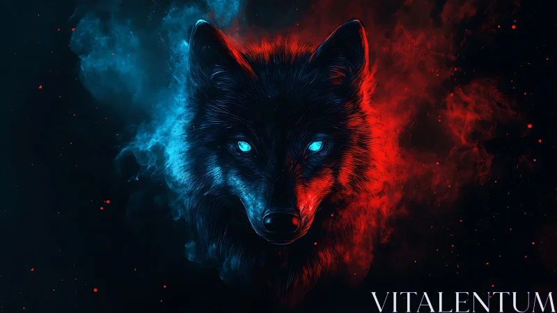 Chromatic wolf portrait with nebular blue red bifurcation.