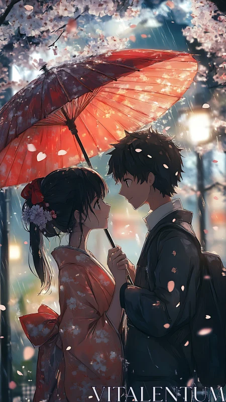Rain-kissed hanami lovers beneath a glowing red umbrella.