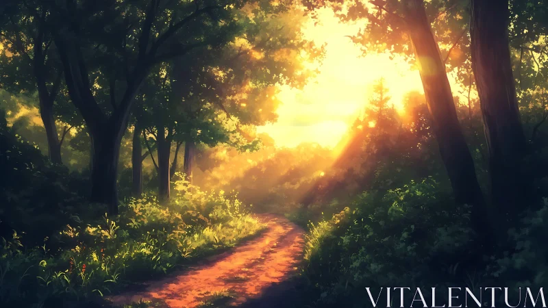 Forest path curves through dense trees in warm sunset light